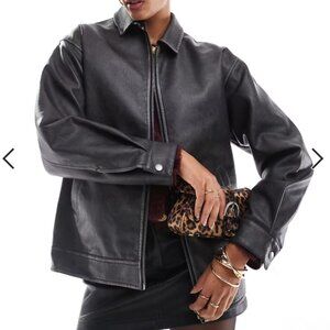 Miss Selfridge washed faux leather oversized bomber jacket in black